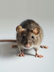 Side profile of a sleek brown rat standing on hind legs with a clean grey background.