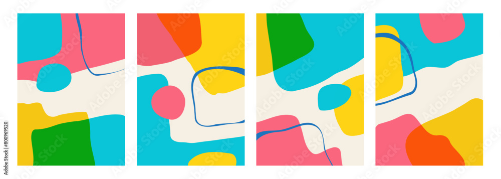 Poster abstract backgrounds with various curved bright colored shapes and blue bent lines for creative grap