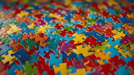 Colorful puzzle pieces arranged in a heart shape, symbolizing support for autism spectrum disorder families. . 8k --ar 16:9 --v 6.0