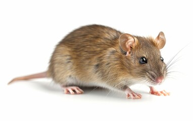 Side profile of a sleek brown rat standing on hind legs with a clean white background.