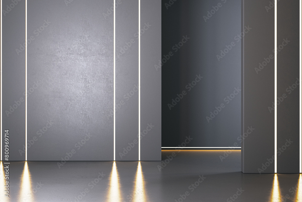 Poster Modern gray concrete interior with light reflections on floor and mock up place. Gallery concept. 3D Rendering.