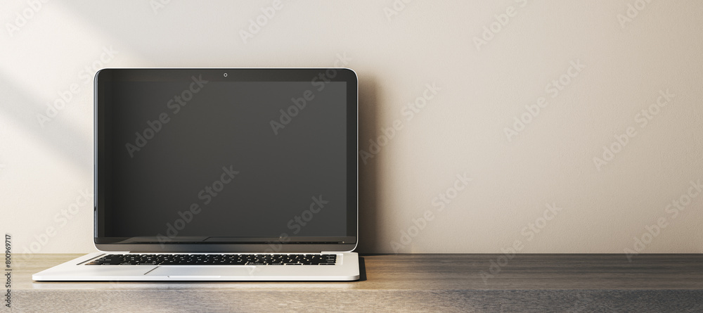 Poster Close up of empty computer monitor on simple wide wooden desk. Workplace concept. Mock up, 3D Rendering.