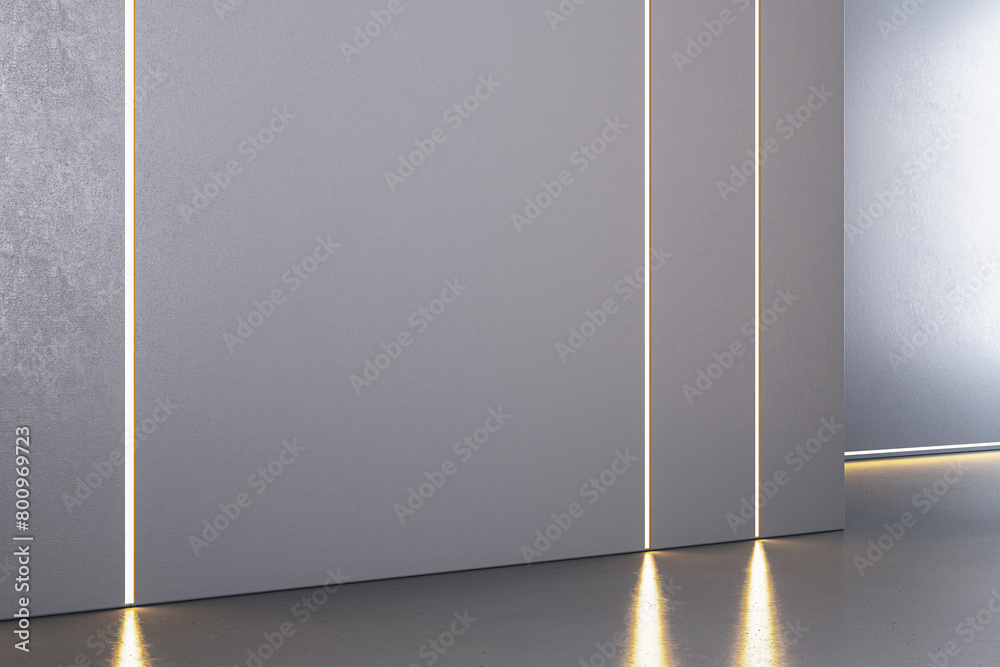 Poster bright gray concrete interior with light reflections on floor and mock up place. gallery concept. 3d
