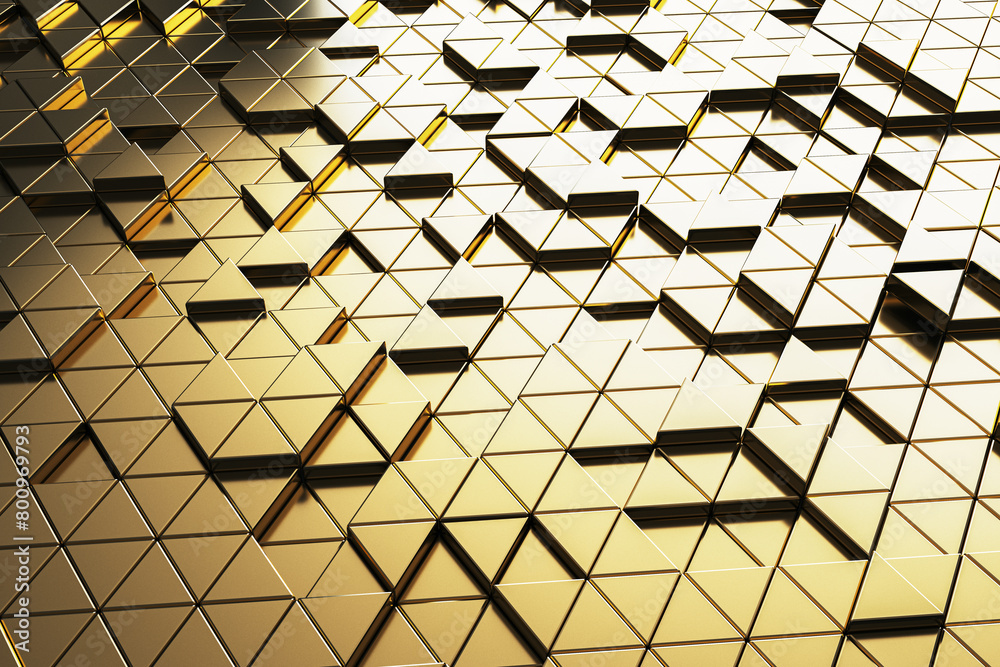 Aufkleber Creative golden triangular backdrop. Landing page concept. 3D Rendering.