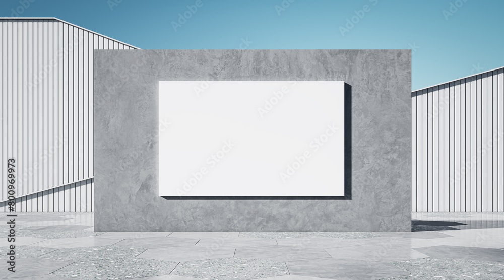 Aufkleber abstract light exterior with empty white mock up banner on wall and blue sky background. 3d renderin