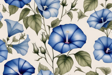 Fototapeta na wymiar Watercolor composition collage of hand drawn nature motifs and cute blue morning glory flowers.