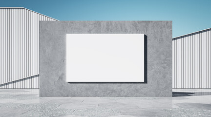 Abstract light exterior with empty white mock up banner on wall and blue sky background. 3D Rendering.
