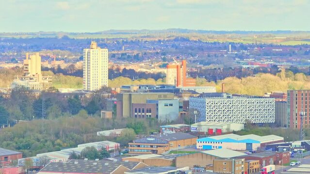 Examples of brutalist architecture of Leicester, UK. The University of Leicester located in the Charles Wilson building is seen on the city panorama. It was built in 1963 by architect Denys Lasdun