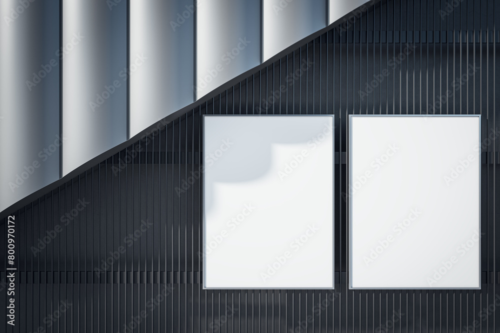 Poster Modern designer wall with empty white mock up posters in empty underground interior. 3D Rendering.