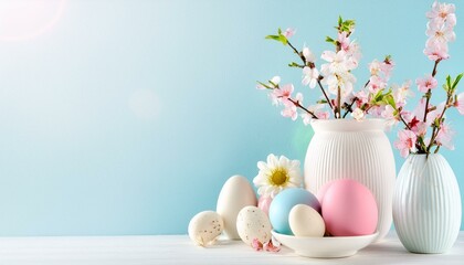 easter eggs and flowers in a vase easter still life easter card design background