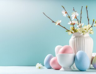 easter eggs and flowers in a vase easter still life easter card design background