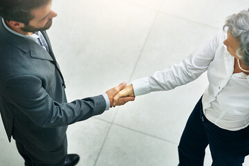 Business people, handshake and meeting with partnership for b2b, greeting or agreement about at...