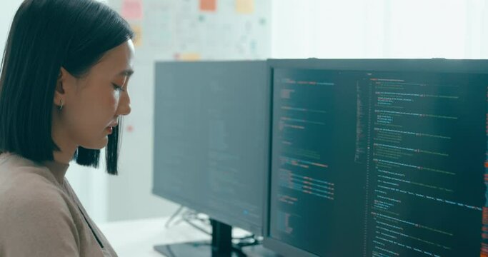 Young adult Asia female freelance typing write prompt AI bot IT app smart program nomad, video game, terminal with coding language, user interface, designer, big data center on desktop computer.