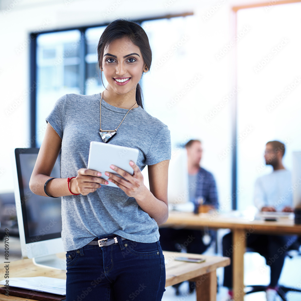 Poster business woman, tablet and portrait in office for information technology, software and planning onli