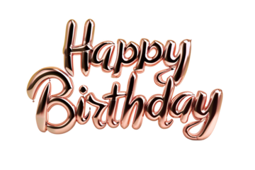 Rose gold balloon letters spelling "Happy Birthday" with a bright background.