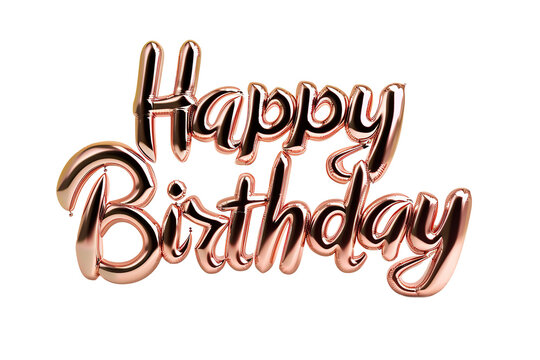 Rose gold balloon letters spelling "Happy Birthday" with a bright background.