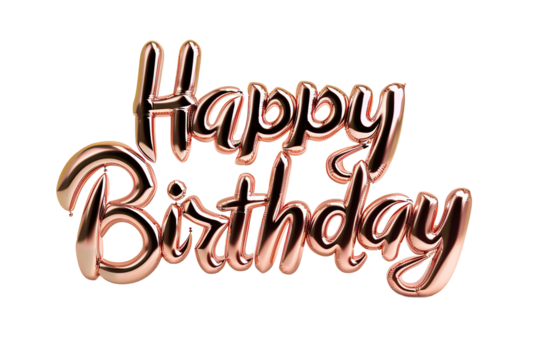 Rose gold balloon letters spelling "Happy Birthday" with a bright background.