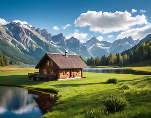 Obraz premium alpine lake in the mountains with a wooden house 