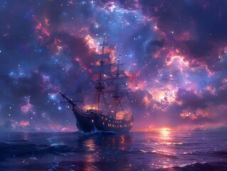 A pirate ship is sailing on a sea of stars, with a beautiful nebula in the background.