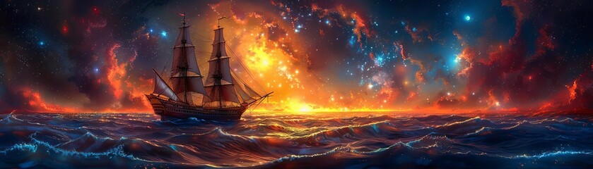 Obraz premium A pirate ship is sailing on a sea of stars toward a fiery nebula