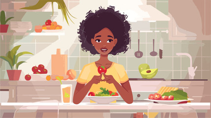 Young African-American woman eating healthy food 