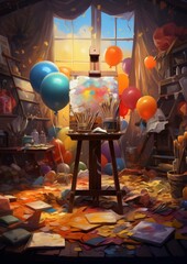 Naklejka premium A colorful and whimsical art studio filled with paint, brushes, balloons, and confetti