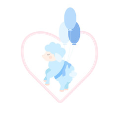 A little sheep flying on balloons against the pink heart. Vector illustration. Baby boy, newborn, party, gender party, birthday, invitation, congratulation, care, childcare card, banner.