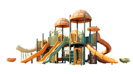 A vibrant playground, featuring a large slide and multiple smaller slides, buzzing with childrens laughter and joy