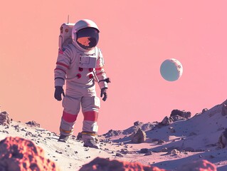 Craft a minimalist design of a lone astronaut stranded on a desolate planet, captured in a striking CG 3D style Explore the theme of survival against all odds, using sharp angles to convey isolation a