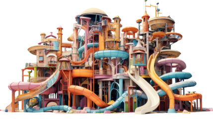 A vibrant and colossal building adorned with a plethora of colorful water slides cascading down its sides