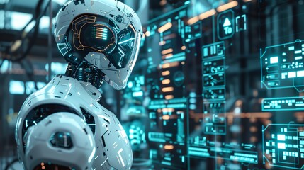 Fototapeta premium Immerse viewers in a futuristic world with a worms-eye view of robotic advancements Inspire awe with sleek, metallic textures, glowing digital displays, and intricate circuitry Showcase the future fro