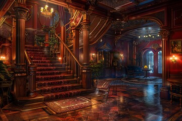 Immerse in a luxurious, panoramic view of an opulent mansion, infused with mystery Include elegant decor, hidden clues, and unexpected camera angles to unveil the story