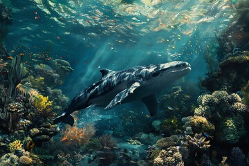 Transform an underwater setting into a stunning Realism-inspired tableau when viewed from a birds-eye perspective Focus on intricate details, lifelike textures, and a harmonious color scheme to bring