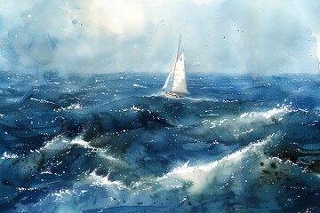Paint a serene seascape with a lone sailboat navigating stormy waters in watercolor Utilize an overhead perspective to convey isolation and perseverance amidst chaos in a subtle, emotional manner