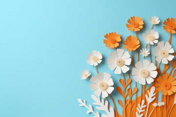 Fototapeta premium Paper cut flowers and leaves, Fresh spring nature background. Floral banner, poster, flyer template with copy space.