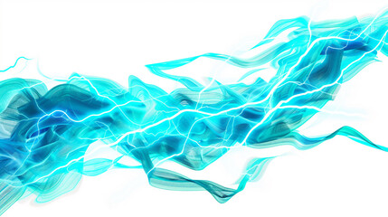 Glowing turquoise neon lightning arcs intersecting with lively blue wave patterns, isolated on a solid white background."
