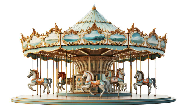 Colorful carousel horses spinning joyfully on a white background