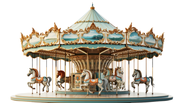 Colorful carousel horses spinning joyfully on a white background