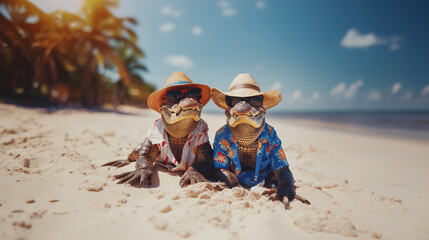 two crocodiles with hat and Hawaiian shirt sunbathing on the beach