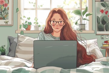 Woman with glasses uses laptop while lying on bed, freelancer, sick leave, remote work or study. Teenage girl studying online. Illustration in vector style