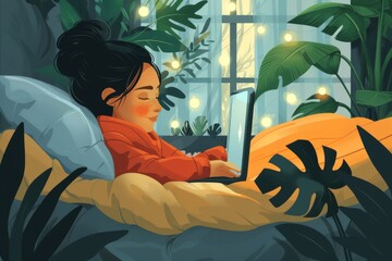 Side view of a young woman using a laptop while lying on the bed, freelance, sick leave, remote work or study. Teenage girl studying online. Illustration in vector style