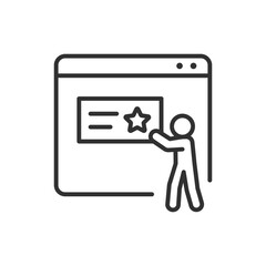 User rating and feedback, linear icon. Person leaves a review and rating on the site. Line with editable stroke