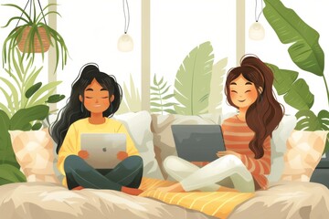 Two happy women are using a laptop while sitting on the sofa, freelance, sick leave, remote work or study. Teenage girl studying online. Illustration in vector style
