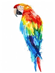 A colorful watercolor painting of a tropical parrot, displaying vibrant feathers in multiple hues, set against a white background.