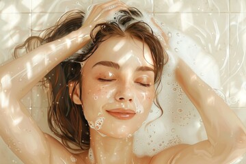 Beautiful woman with closed eyes washes her hair with shampoo.