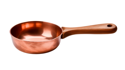 A copper pan with a wooden handle rests gracefully on a pristine white background