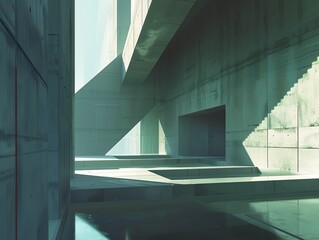 Fototapeta premium Craft a digital artwork showcasing a futuristic, dystopian building with a minimalist design, employing unique perspectives and angles to create a sense of unease and wonder Experiment with shadow pla