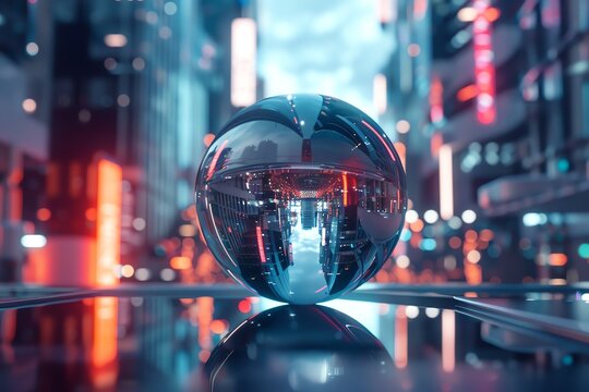 Capture a sleek, silver metallic orb hovering above in a low-angle view, reflecting neon lights of an abstract cityscape, merging futuristic technologies with abstract art