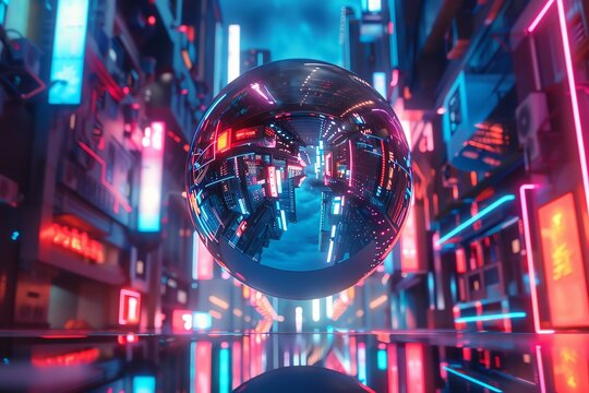 Capture a sleek, silver metallic orb hovering above in a low-angle view, reflecting neon lights of an abstract cityscape, merging futuristic technologies with abstract art - Powered by Adobe