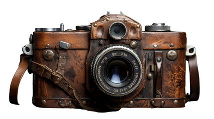 Vintage camera with leather strap hanging against a rustic backdrop